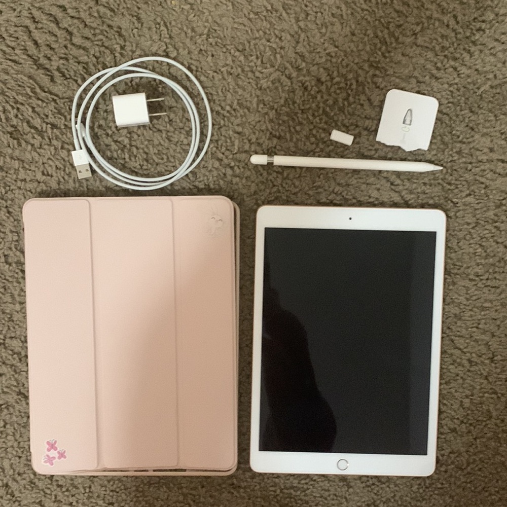 iPad 8th Generation Rose Gold, Apple Pencil, and Charger